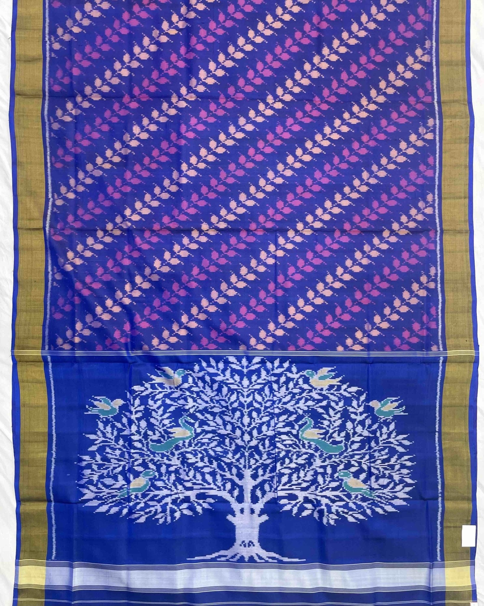 Blue & Purple Leaves Leheriya With Tree Pallu Patola Saree - SindhoiPatolaArt