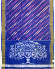 Blue & Purple Leaves Leheriya With Tree Pallu Patola Saree - SindhoiPatolaArt
