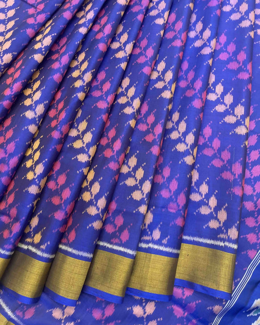 Blue & Purple Leaves Leheriya With Tree Pallu Patola Saree - SindhoiPatolaArt