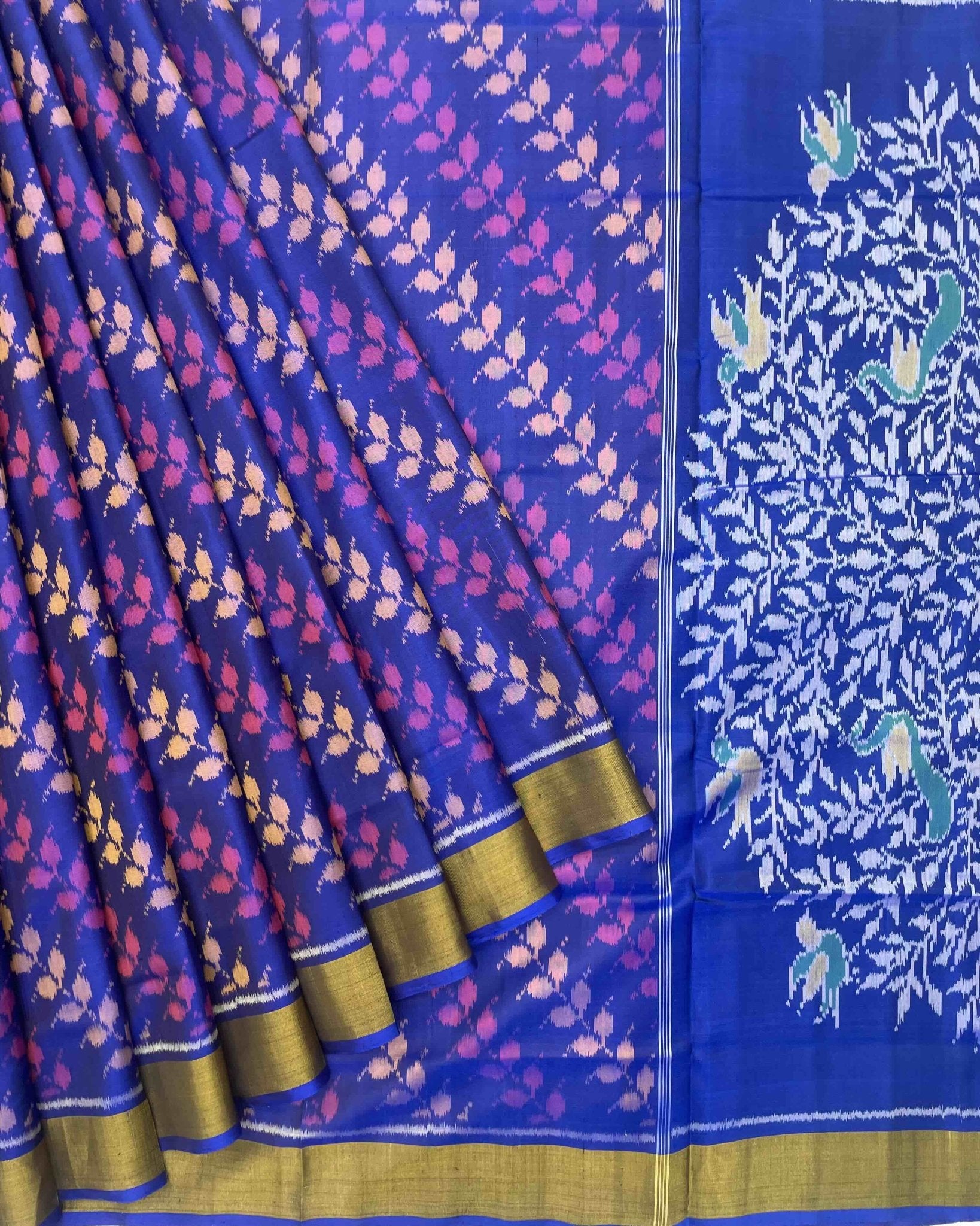 Blue & Purple Leaves Leheriya With Tree Pallu Patola Saree - SindhoiPatolaArt