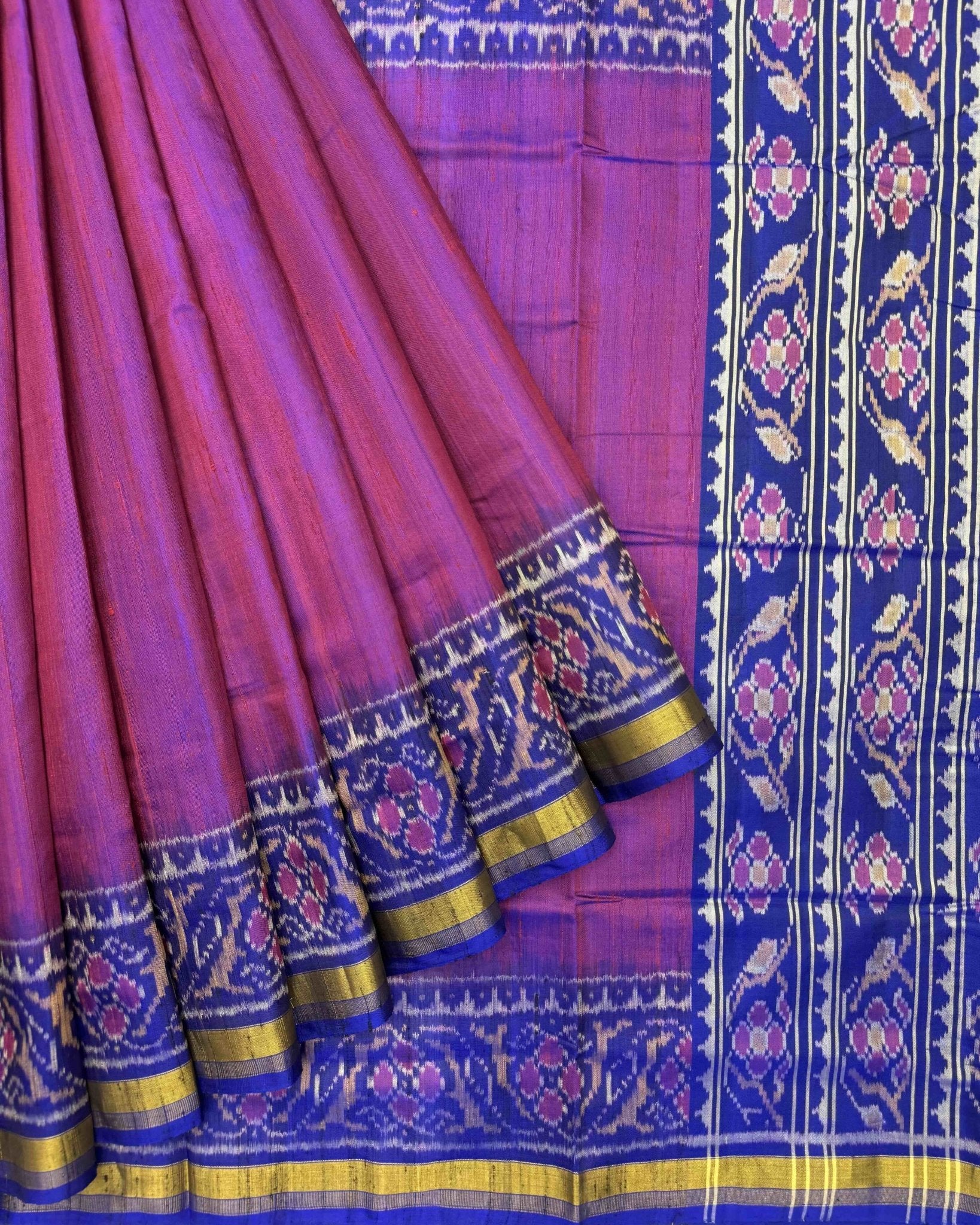 Blue & Purple Plain Raw Silk Patola Saree - SindhoiPatolaArt