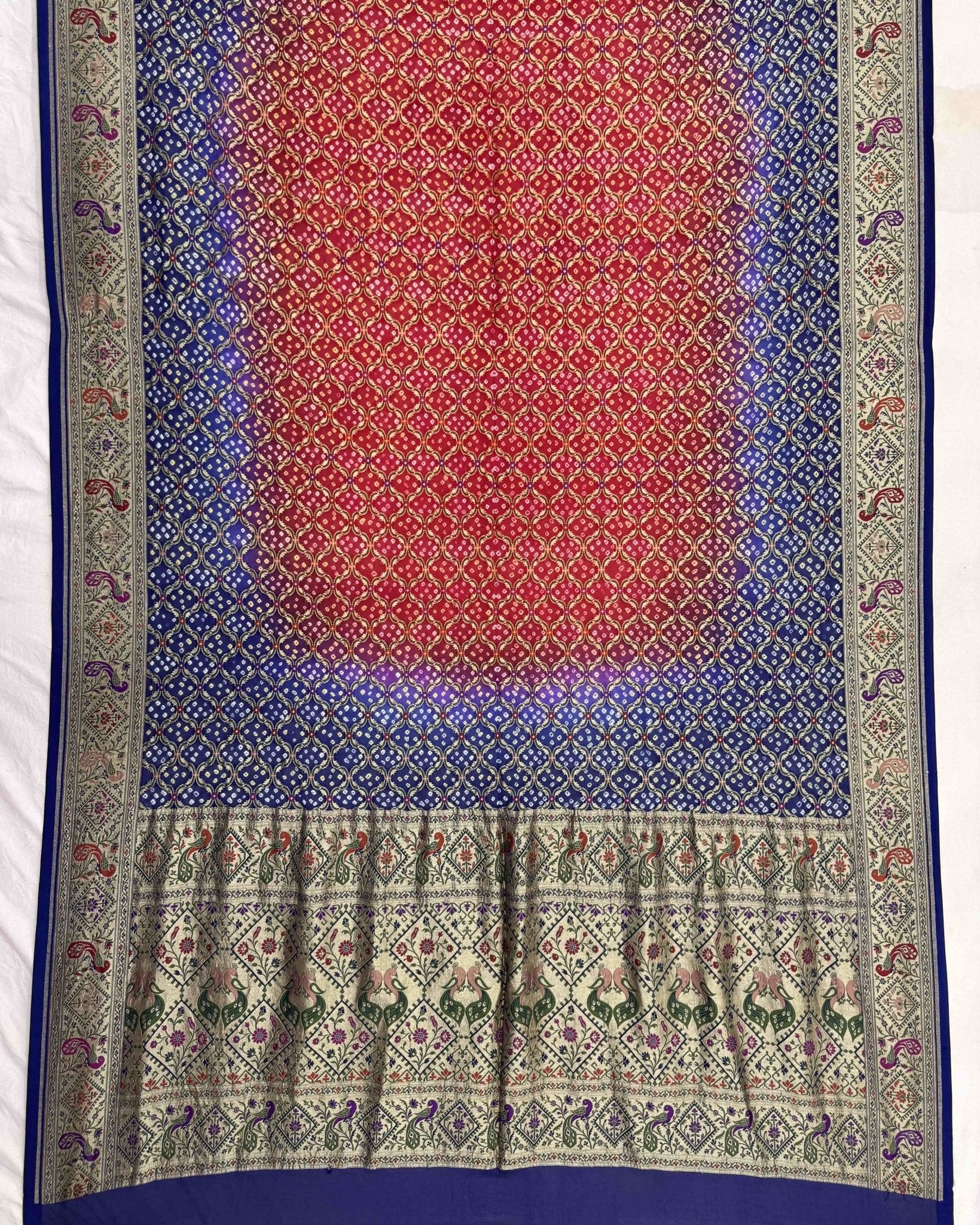Blue & Red Banarasi Georgette Bandhani Saree - SindhoiPatolaArt