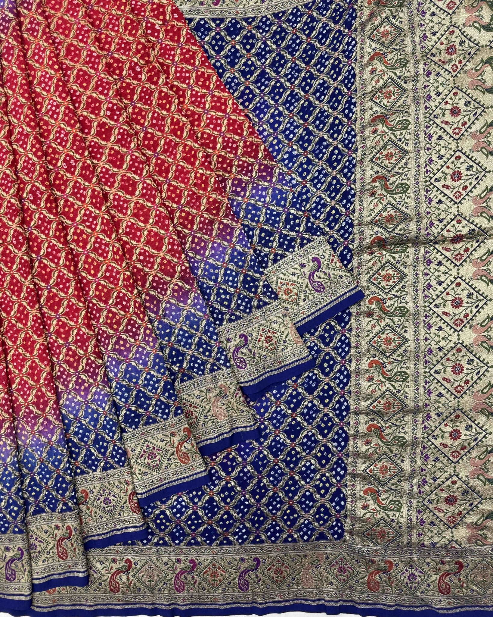 Blue & Red Banarasi Georgette Bandhani Saree - SindhoiPatolaArt