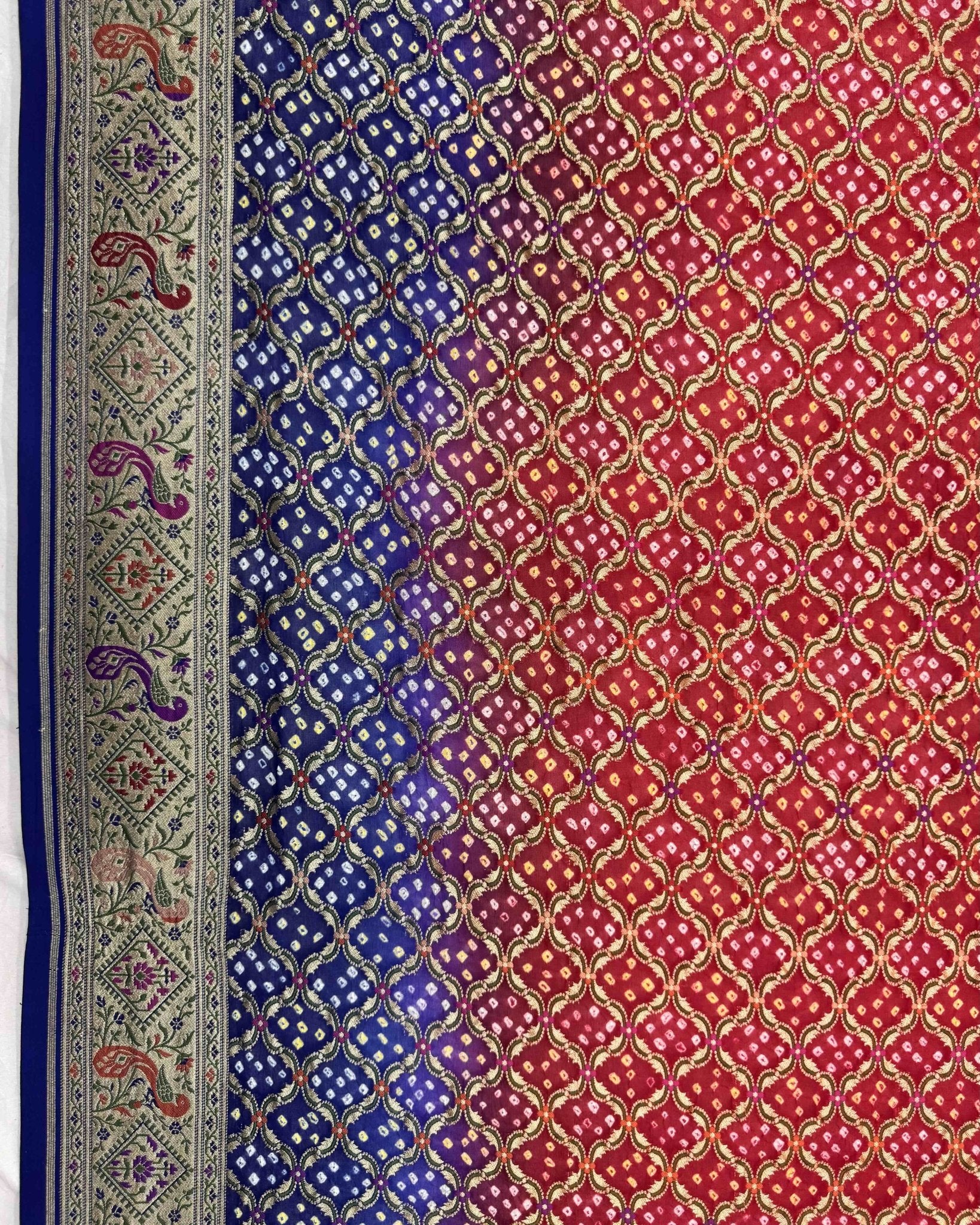 Blue & Red Banarasi Georgette Bandhani Saree - SindhoiPatolaArt