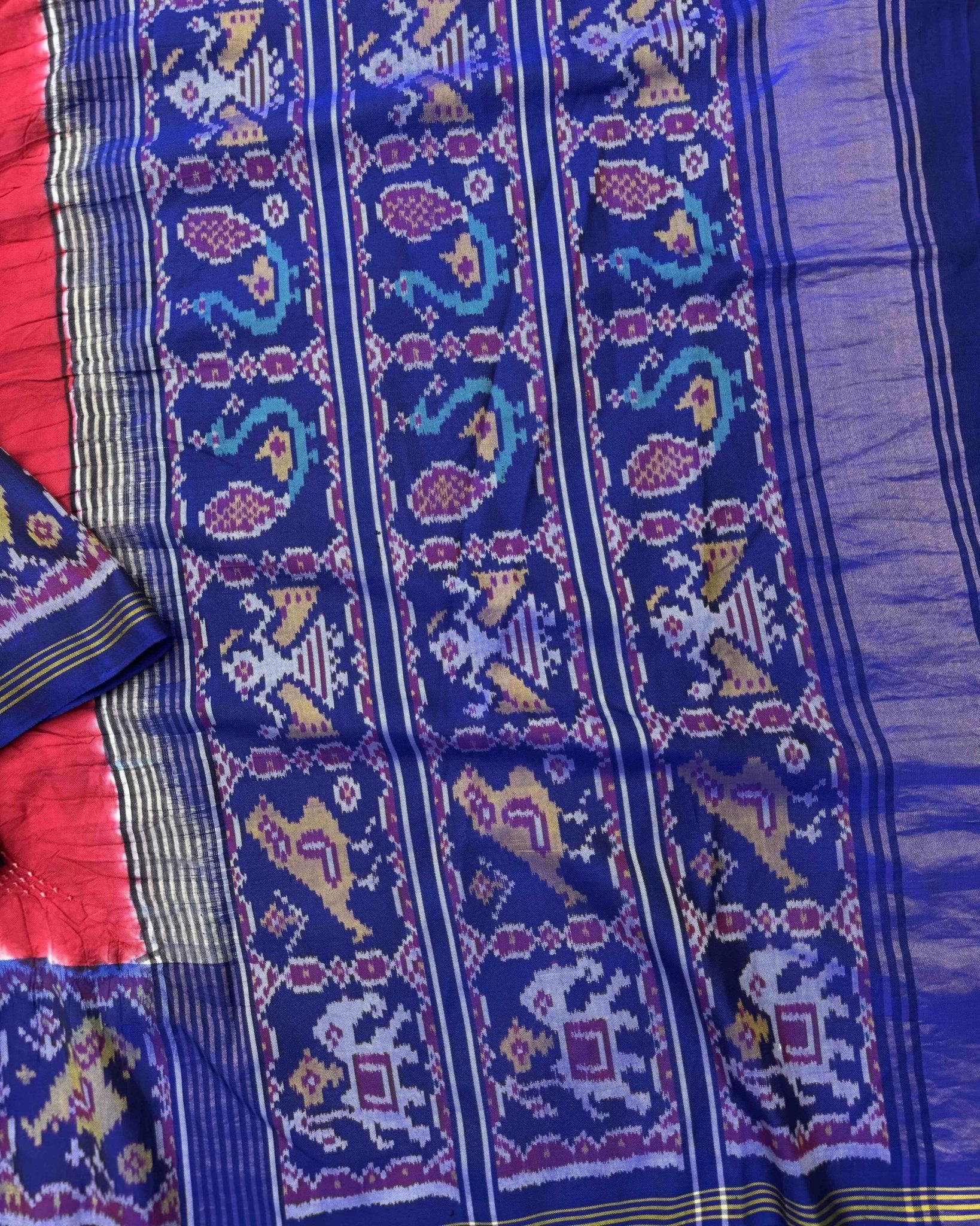 Blue & Red Designer Patola Bandhej - SindhoiPatolaArt