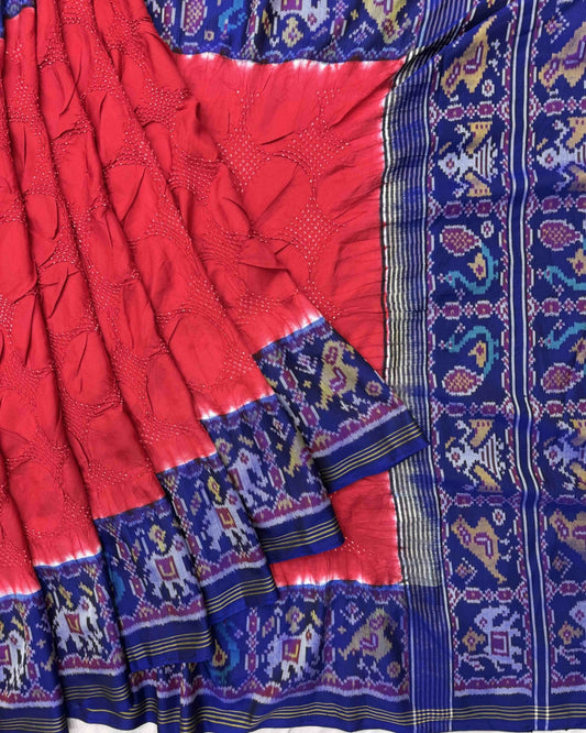 Blue & Red Designer Patola Bandhej - SindhoiPatolaArt
