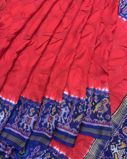 Blue & Red Designer Patola Bandhej - SindhoiPatolaArt