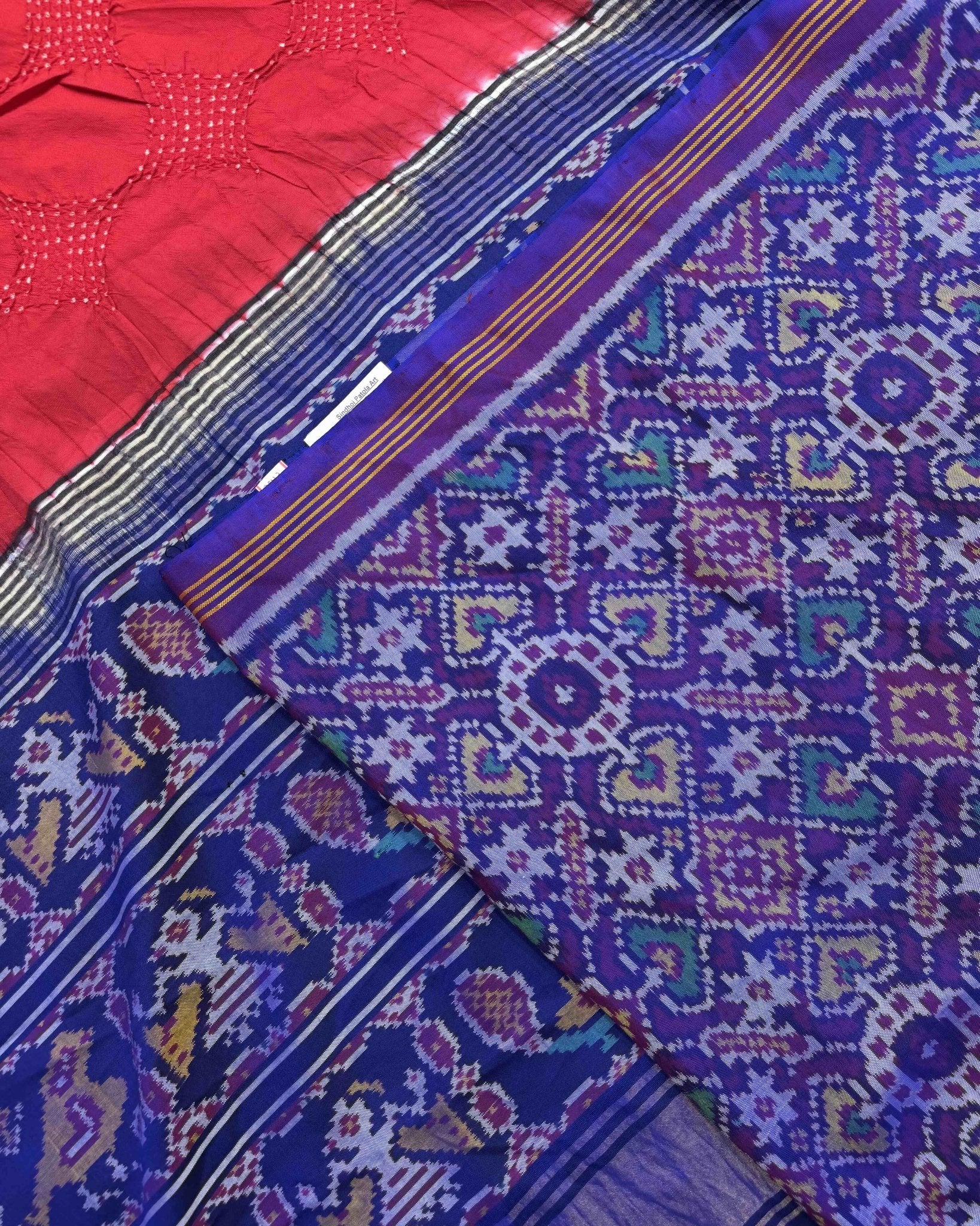 Blue & Red Designer Patola Bandhej - SindhoiPatolaArt
