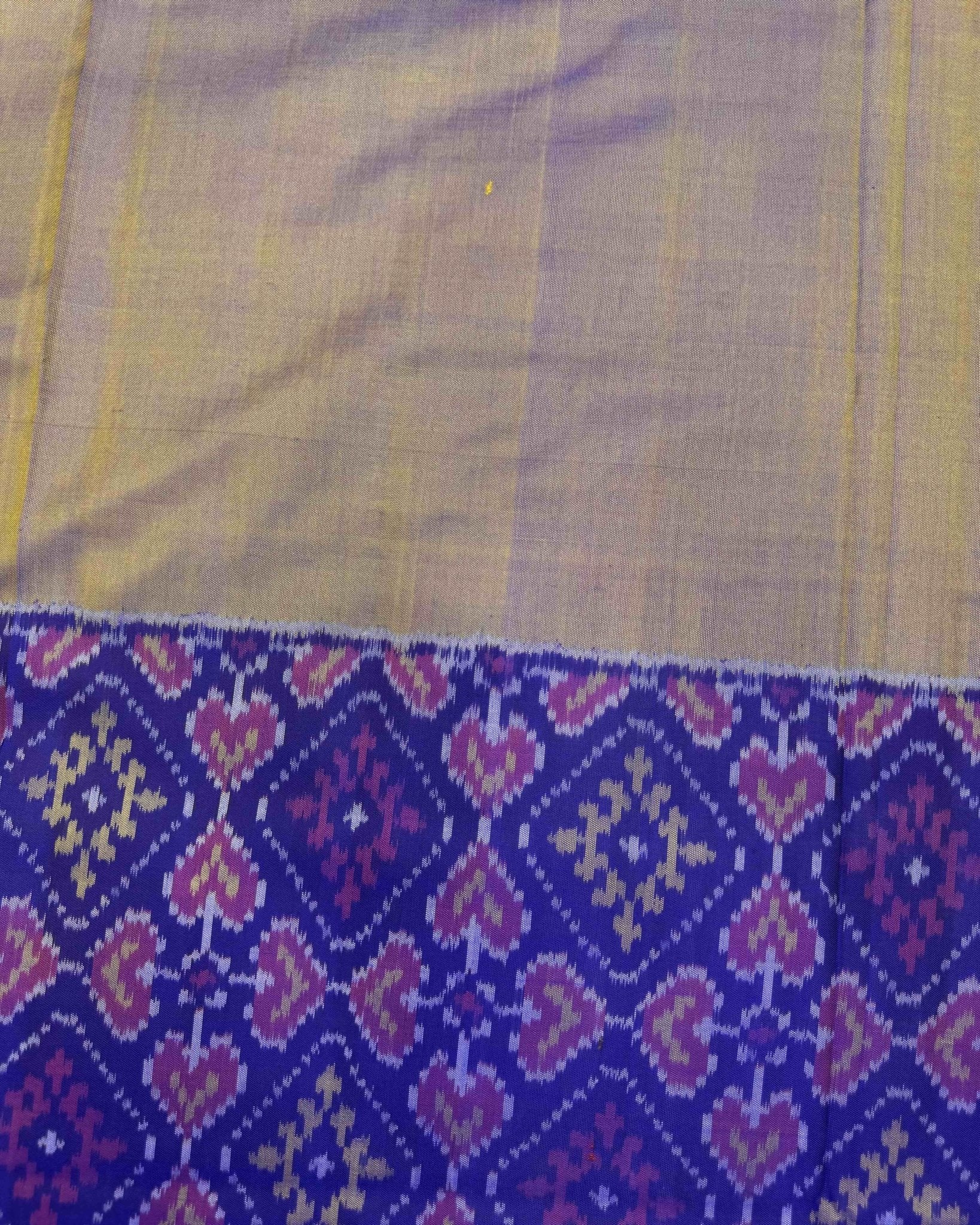Blue & Sand Plain with Manekchowk Scut Border Patola Saree - SindhoiPatolaArt