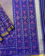 Blue & Sand Plain with Manekchowk Scut Border Patola Saree - SindhoiPatolaArt