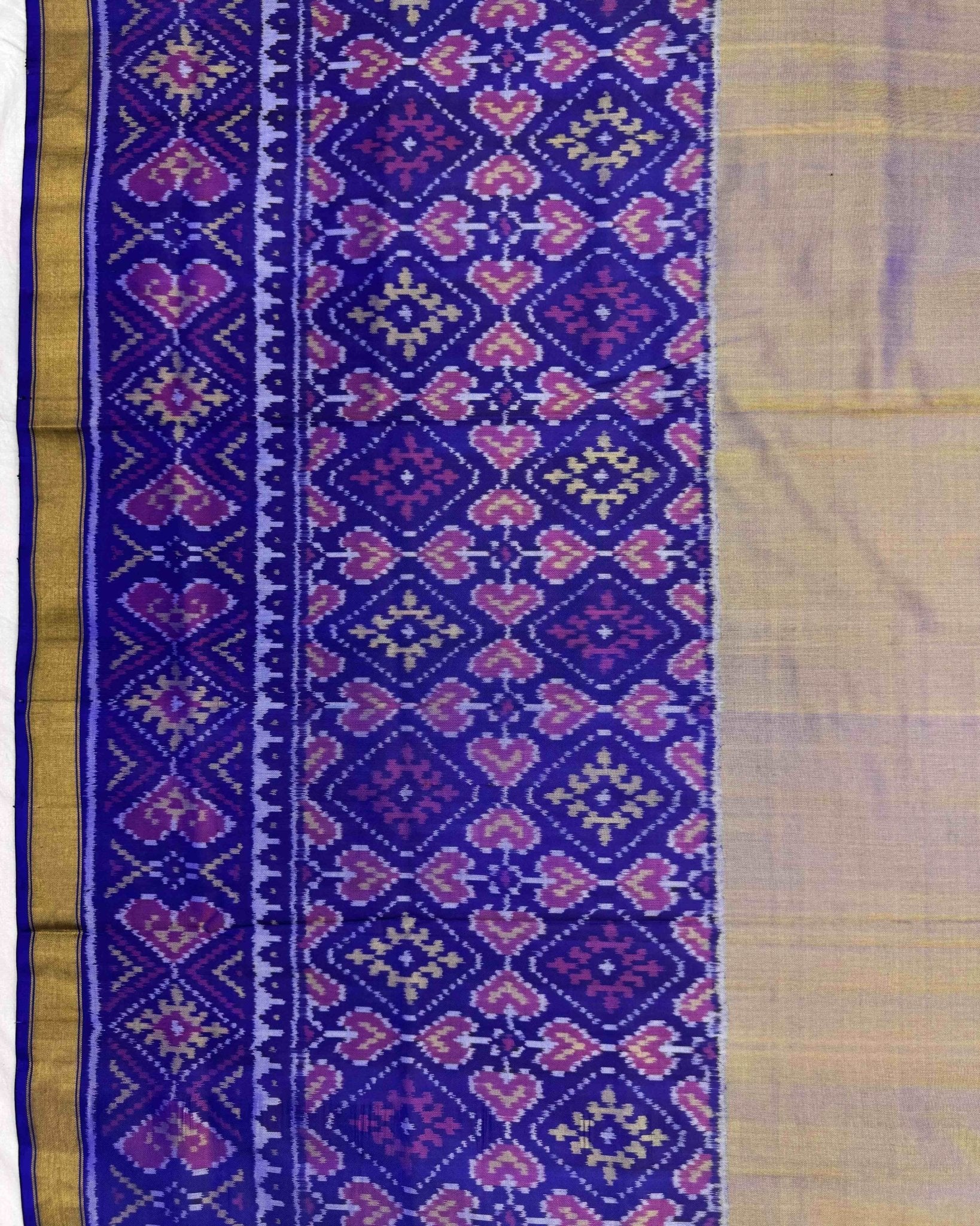 Blue & Sand Plain with Manekchowk Scut Border Patola Saree - SindhoiPatolaArt