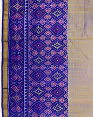 Blue & Sand Plain with Manekchowk Scut Border Patola Saree - SindhoiPatolaArt