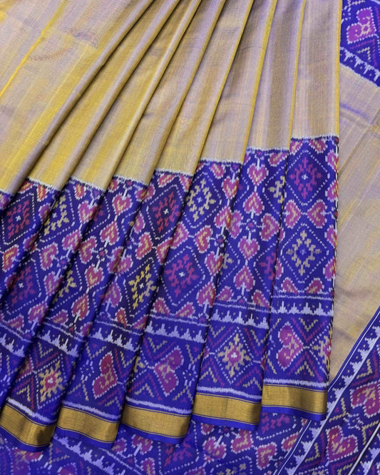 Blue & Sand Plain with Manekchowk Scut Border Patola Saree - SindhoiPatolaArt