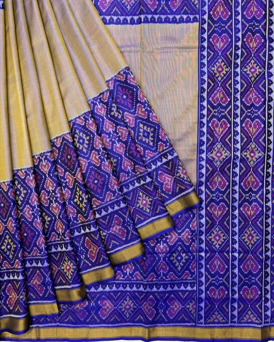 Blue & Sand Plain with Manekchowk Scut Border Patola Saree - SindhoiPatolaArt