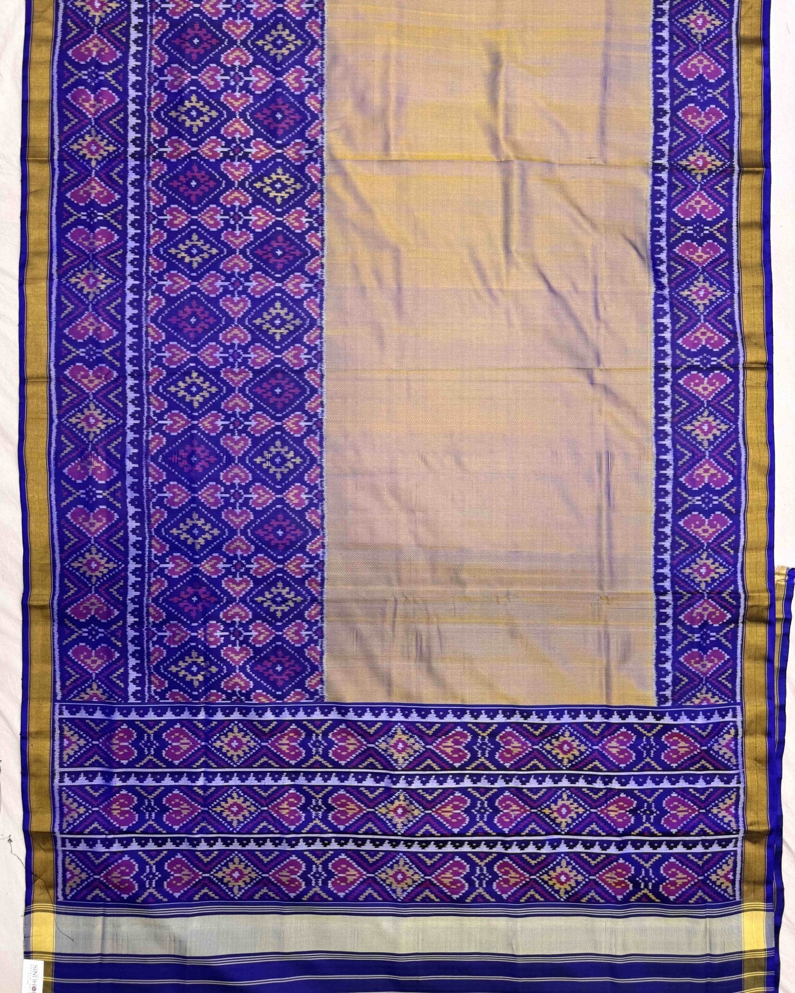 Blue & Sand Plain with Manekchowk Scut Border Patola Saree - SindhoiPatolaArt