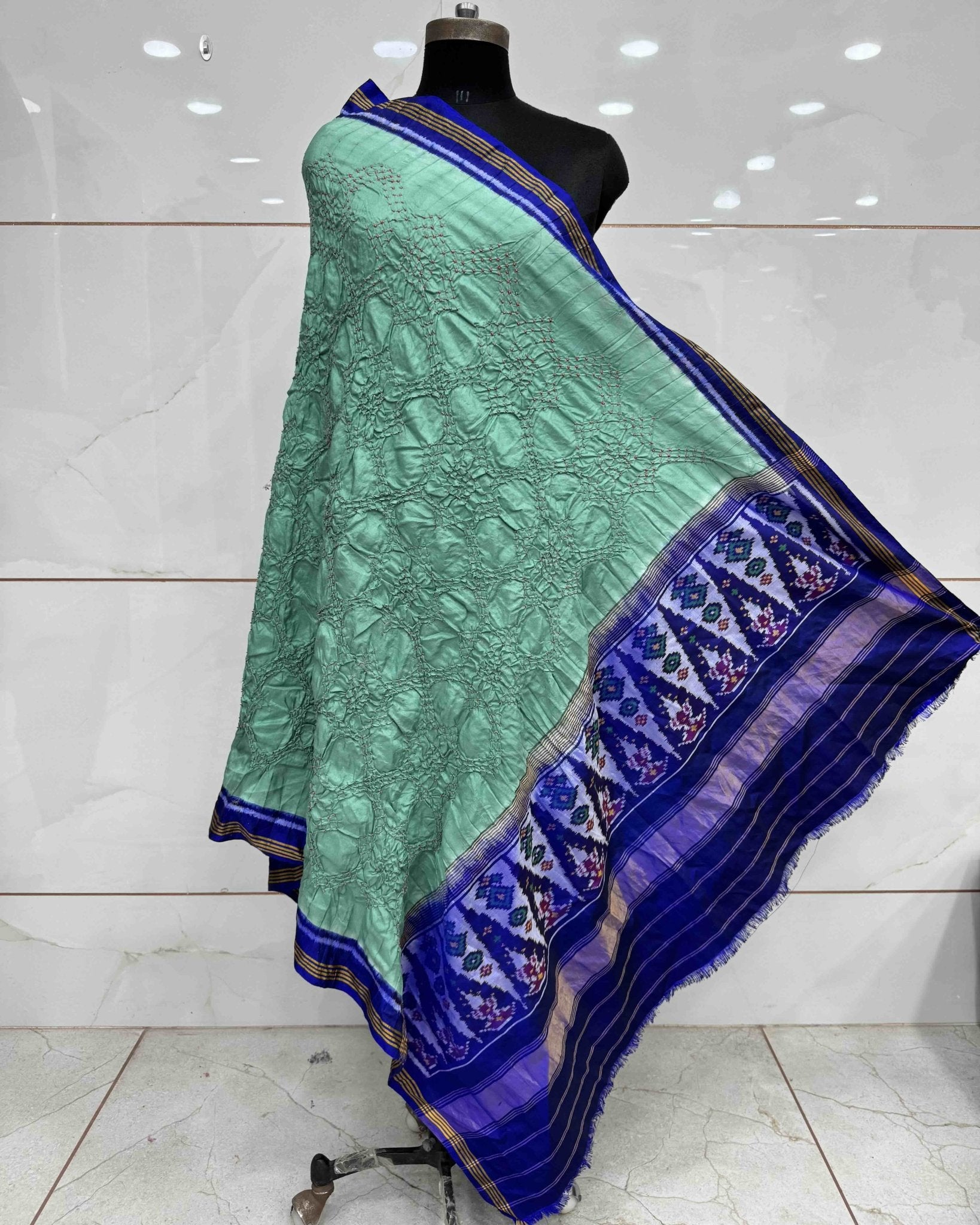 Blue & Sea Green Bandhani Patola Dupatta - SindhoiPatolaArt