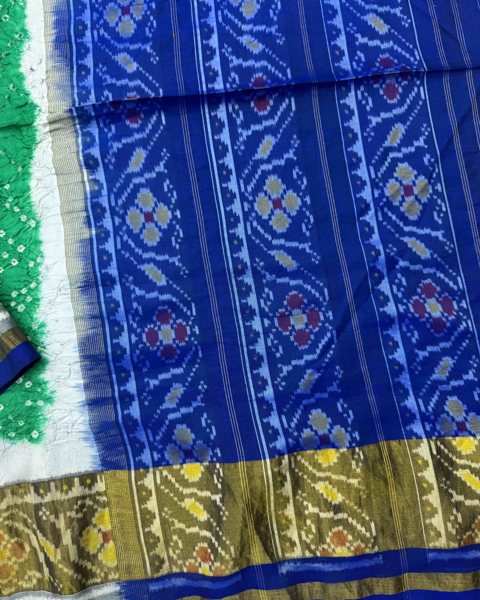 Blue & Sea Green Patola Bandhani Saree - SindhoiPatolaArt