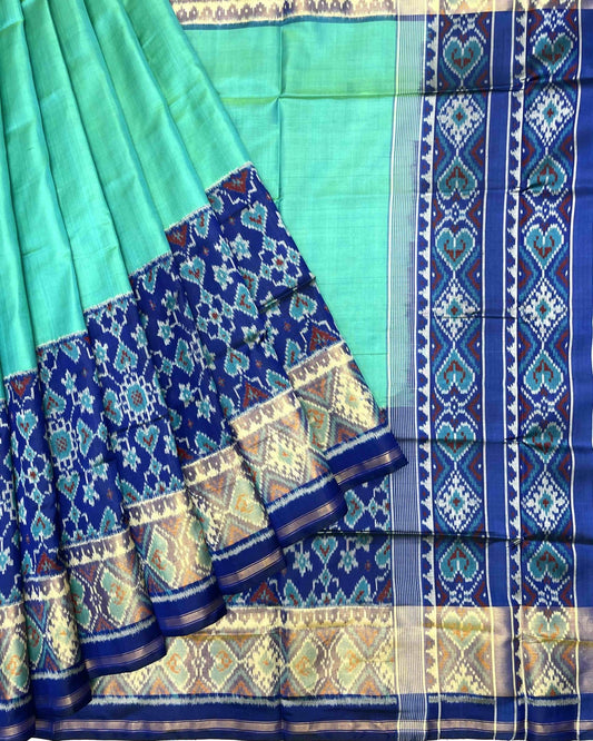 Blue & Sea Green Plain Manekchowk Navratan Mix Scut Border Patola Saree - SindhoiPatolaArt