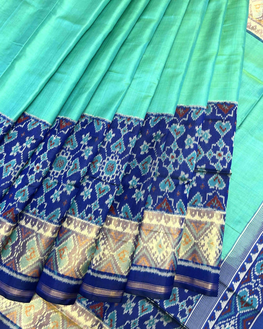 Blue & Sea Green Plain Manekchowk Navratan Mix Scut Border Patola Saree - SindhoiPatolaArt