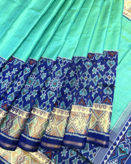 Blue & Sea Green Plain Manekchowk Navratan Mix Scut Border Patola Saree - SindhoiPatolaArt