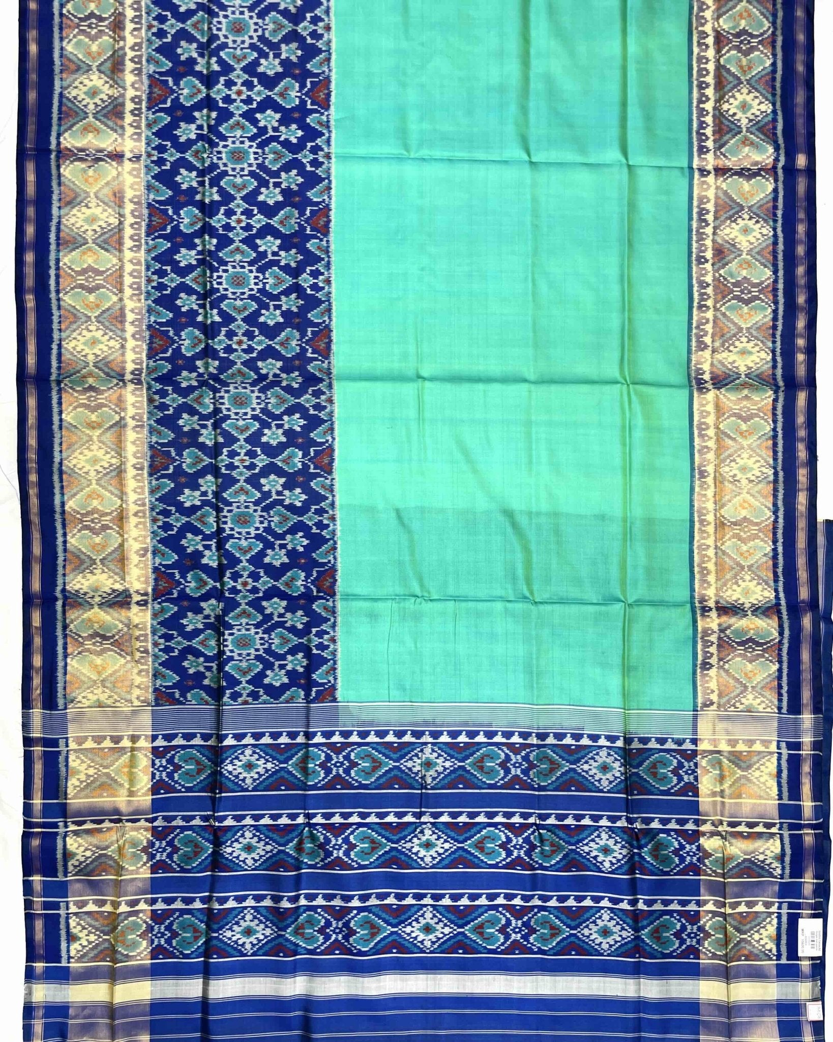 Blue & Sea Green Plain Manekchowk Navratan Mix Scut Border Patola Saree - SindhoiPatolaArt