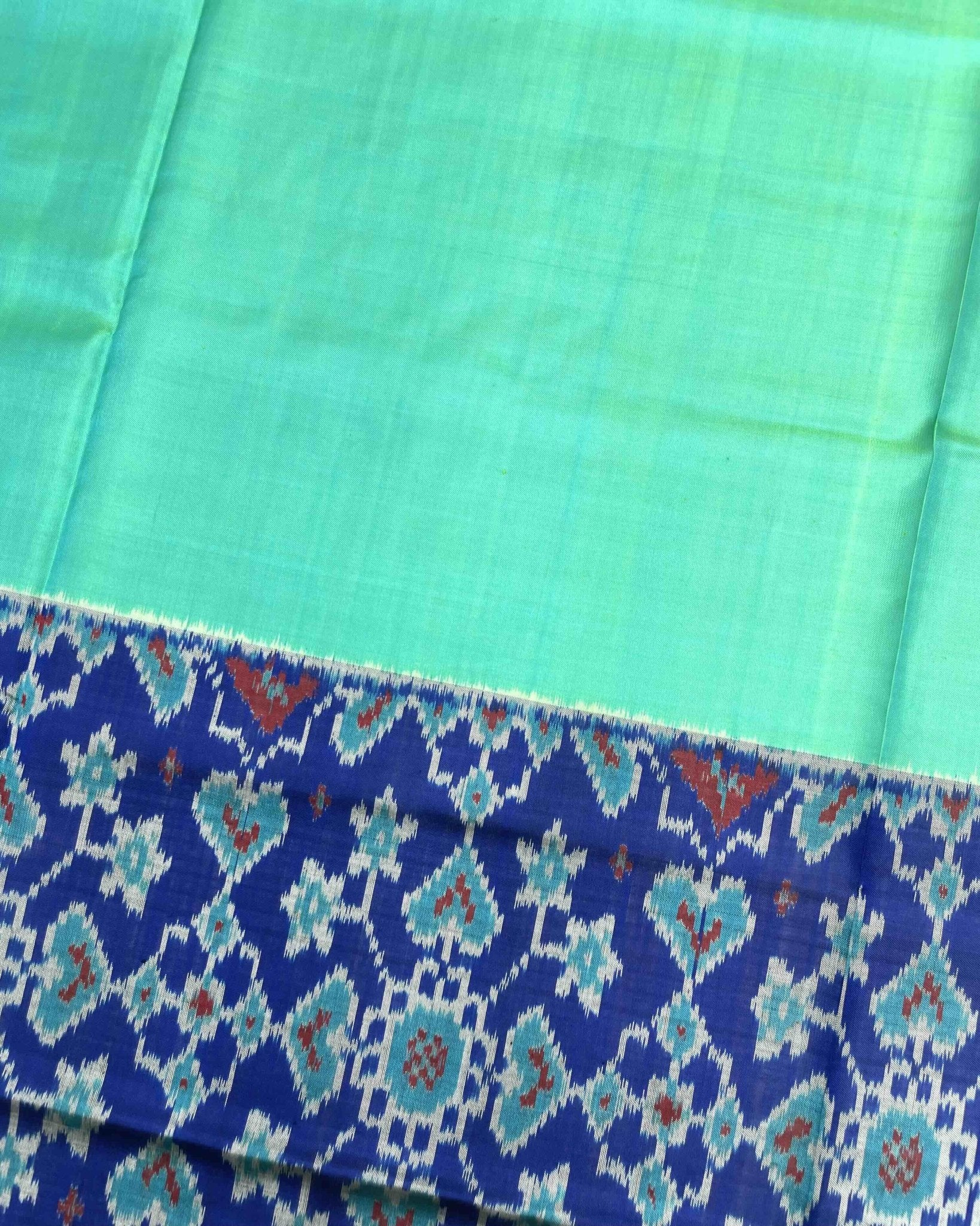Blue & Sea Green Plain Manekchowk Navratan Mix Scut Border Patola Saree - SindhoiPatolaArt