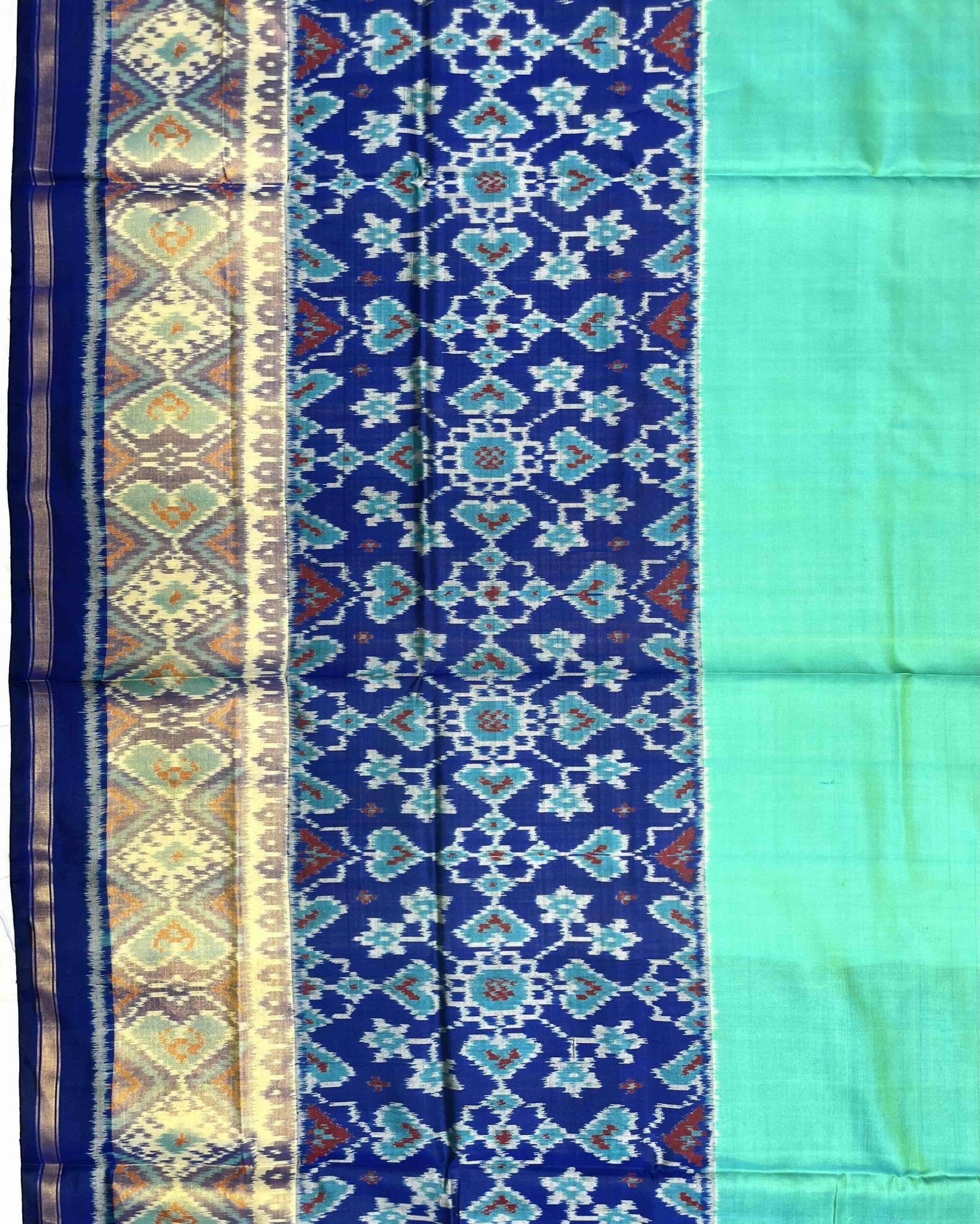 Blue & Sea Green Plain Manekchowk Navratan Mix Scut Border Patola Saree - SindhoiPatolaArt