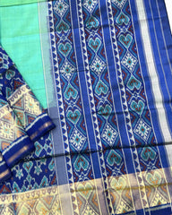 Blue & Sea Green Plain Manekchowk Navratan Mix Scut Border Patola Saree - SindhoiPatolaArt