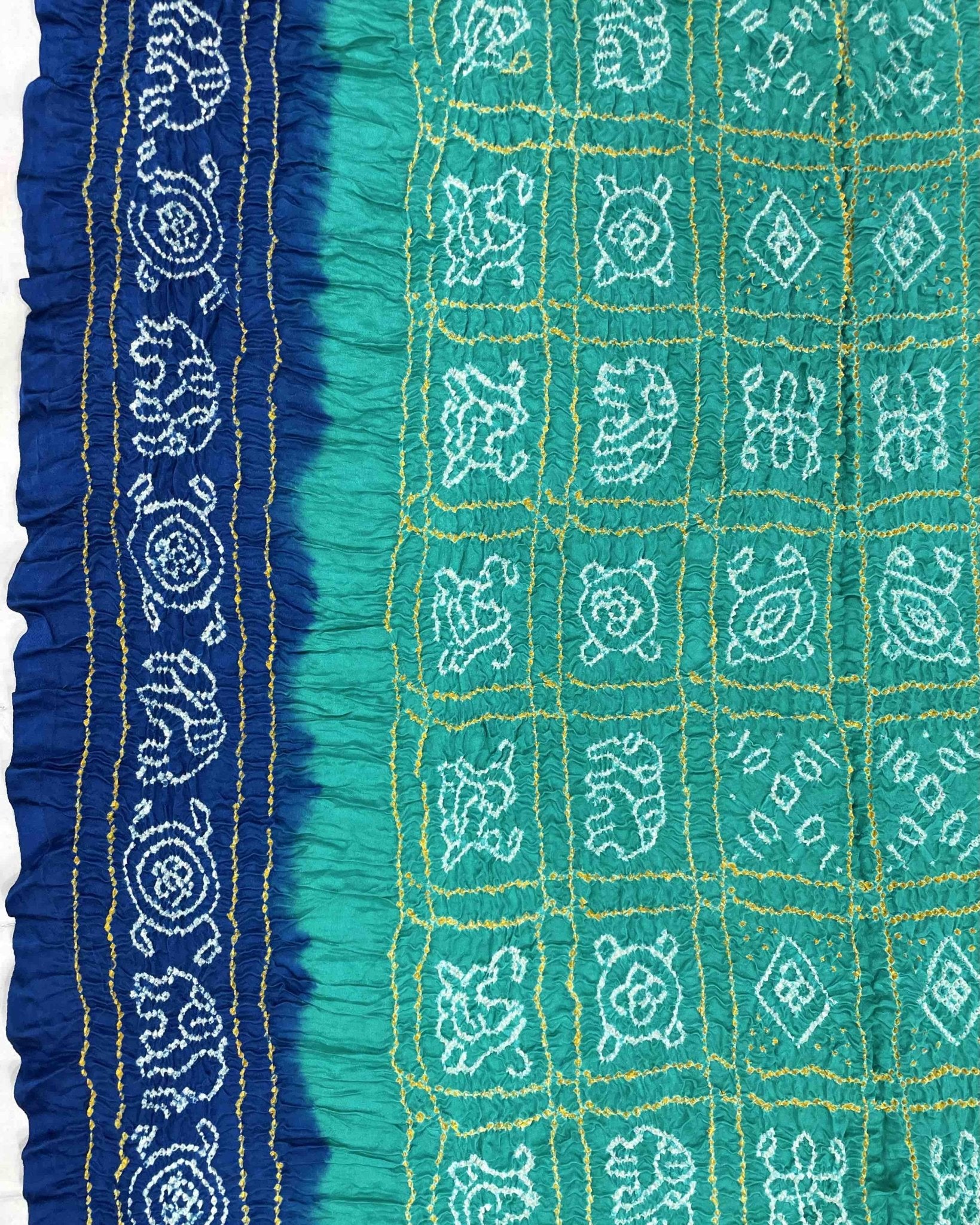 Blue & Sea Green with Chex Pallu Gajji Silk Bandhani Saree - SindhoiPatolaArt