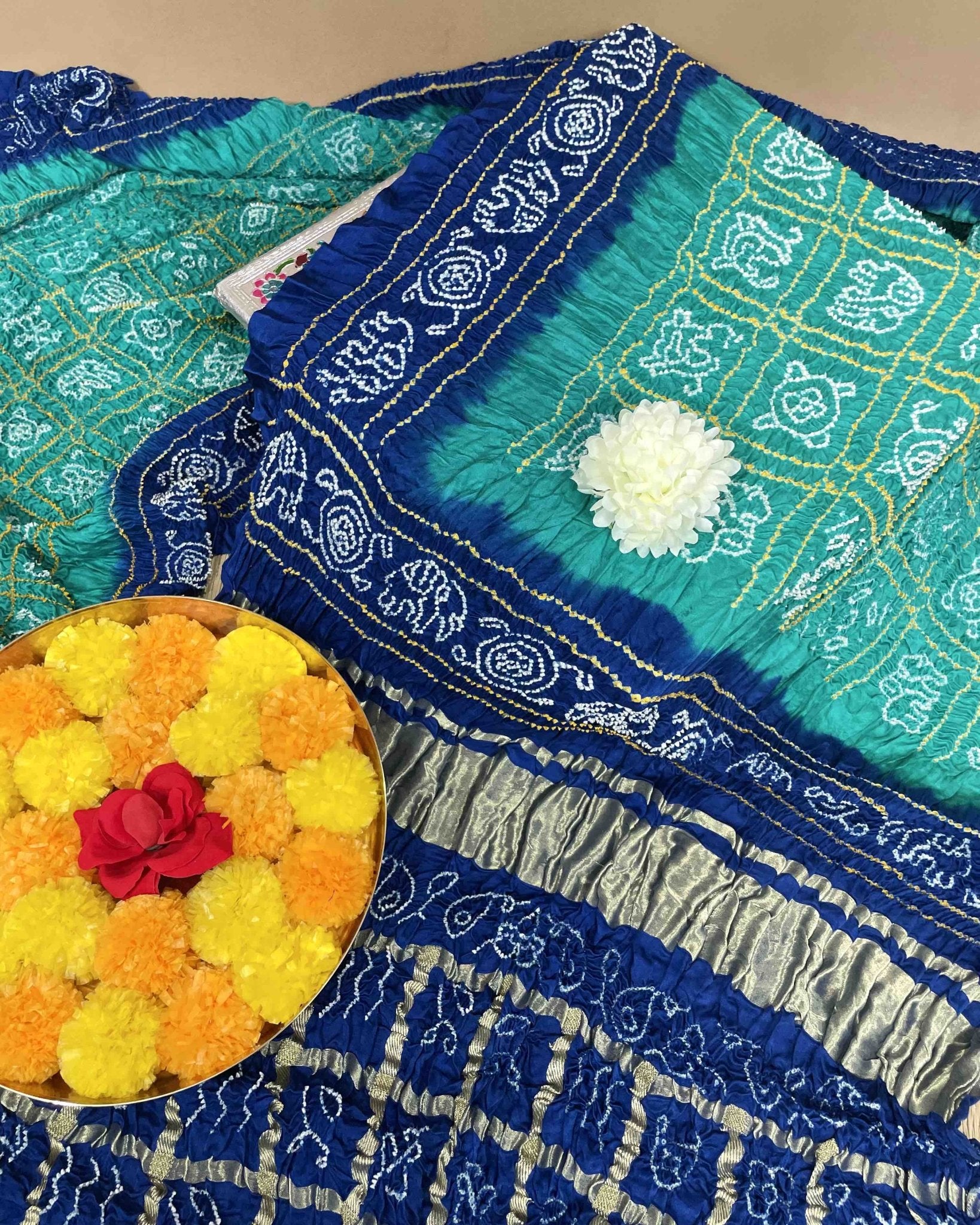 Blue & Sea Green with Chex Pallu Gajji Silk Bandhani Saree - SindhoiPatolaArt