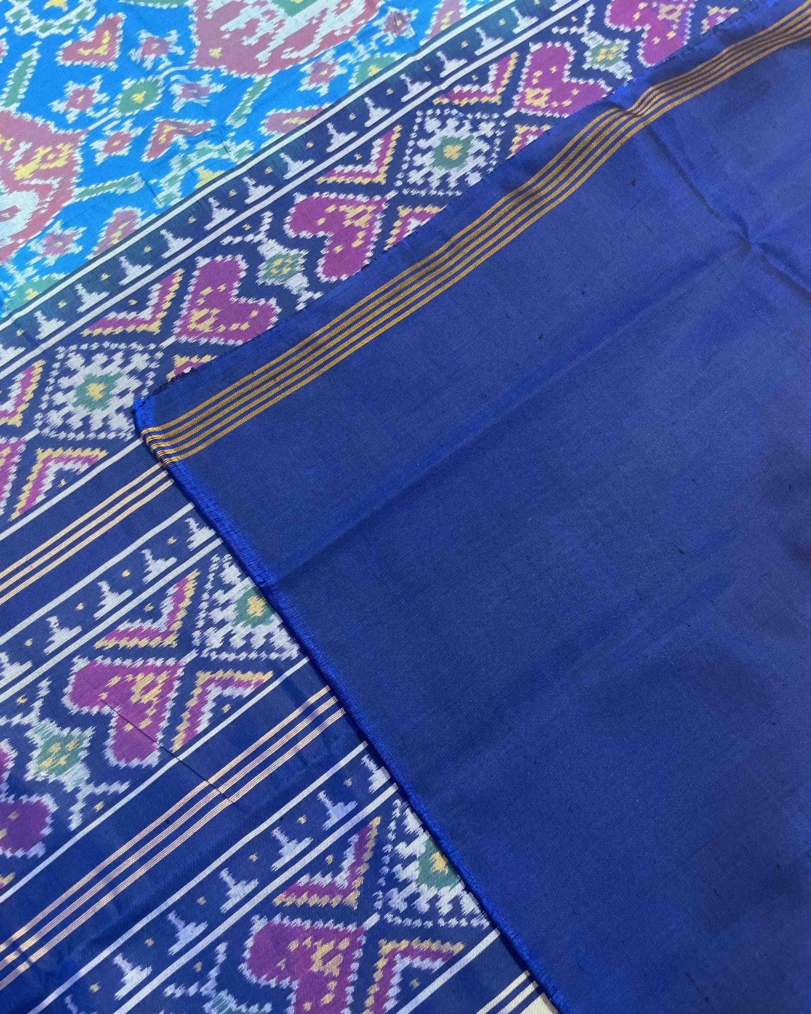 Blue & Sky Blue Elephant Manekchowk Designer Patola Saree - SindhoiPatolaArt