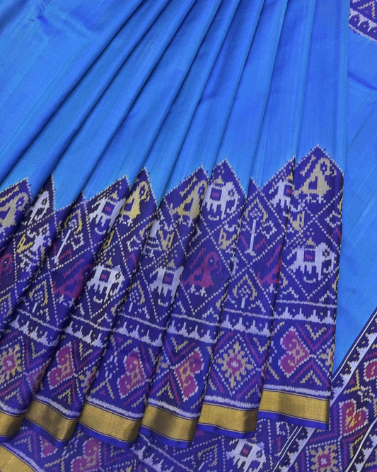 Blue & Sky Plain with Narikunj Scut Border Patola Saree - SindhoiPatolaArt