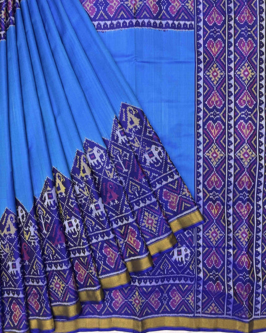 Blue & Sky Plain with Narikunj Scut Border Patola Saree - SindhoiPatolaArt
