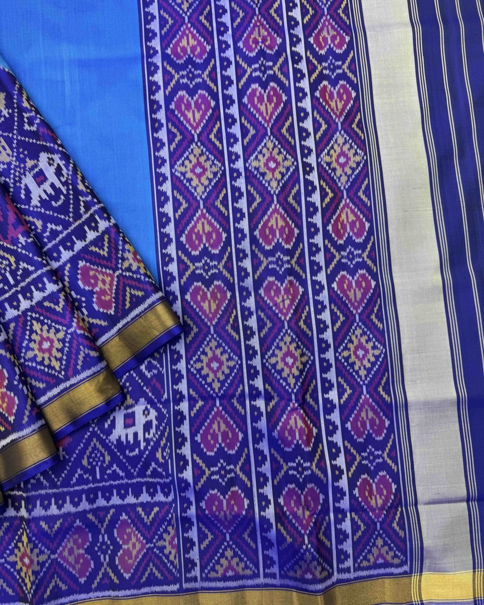 Blue & Sky Plain with Narikunj Scut Border Patola Saree - SindhoiPatolaArt
