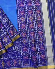 Blue & Sky Plain with Narikunj Scut Border Patola Saree - SindhoiPatolaArt