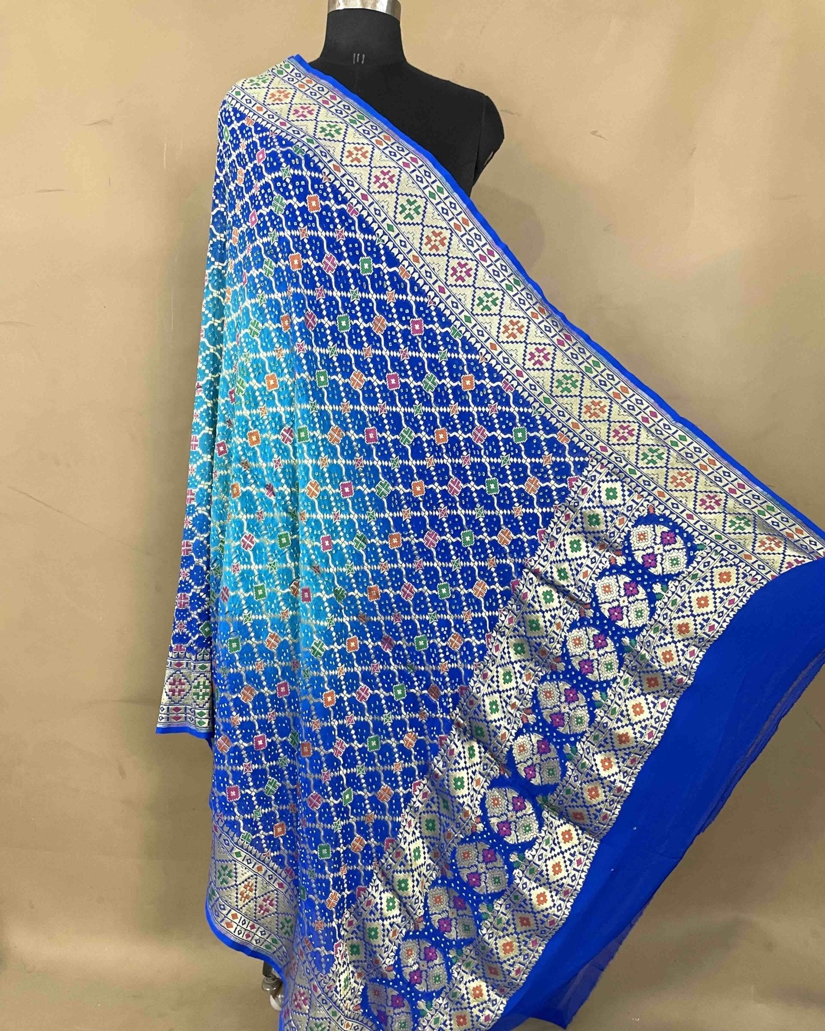 Blue & Sky Shaded Meenakari Georgette Bandhani Dupatta - SindhoiPatolaArt