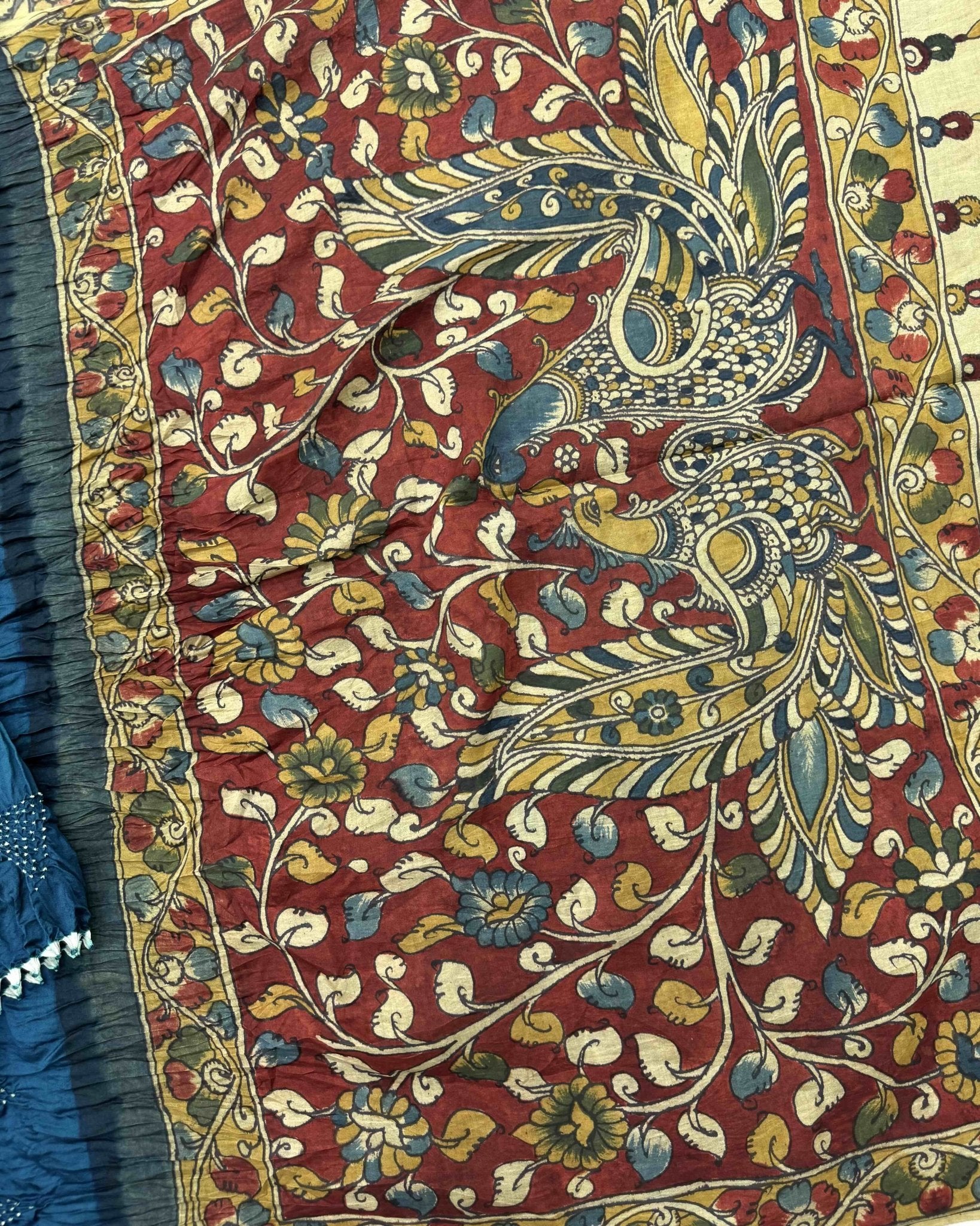 Blue & Sky Shaded Muga Silk Pen Kamalkari Bandhani Saree - SindhoiPatolaArt