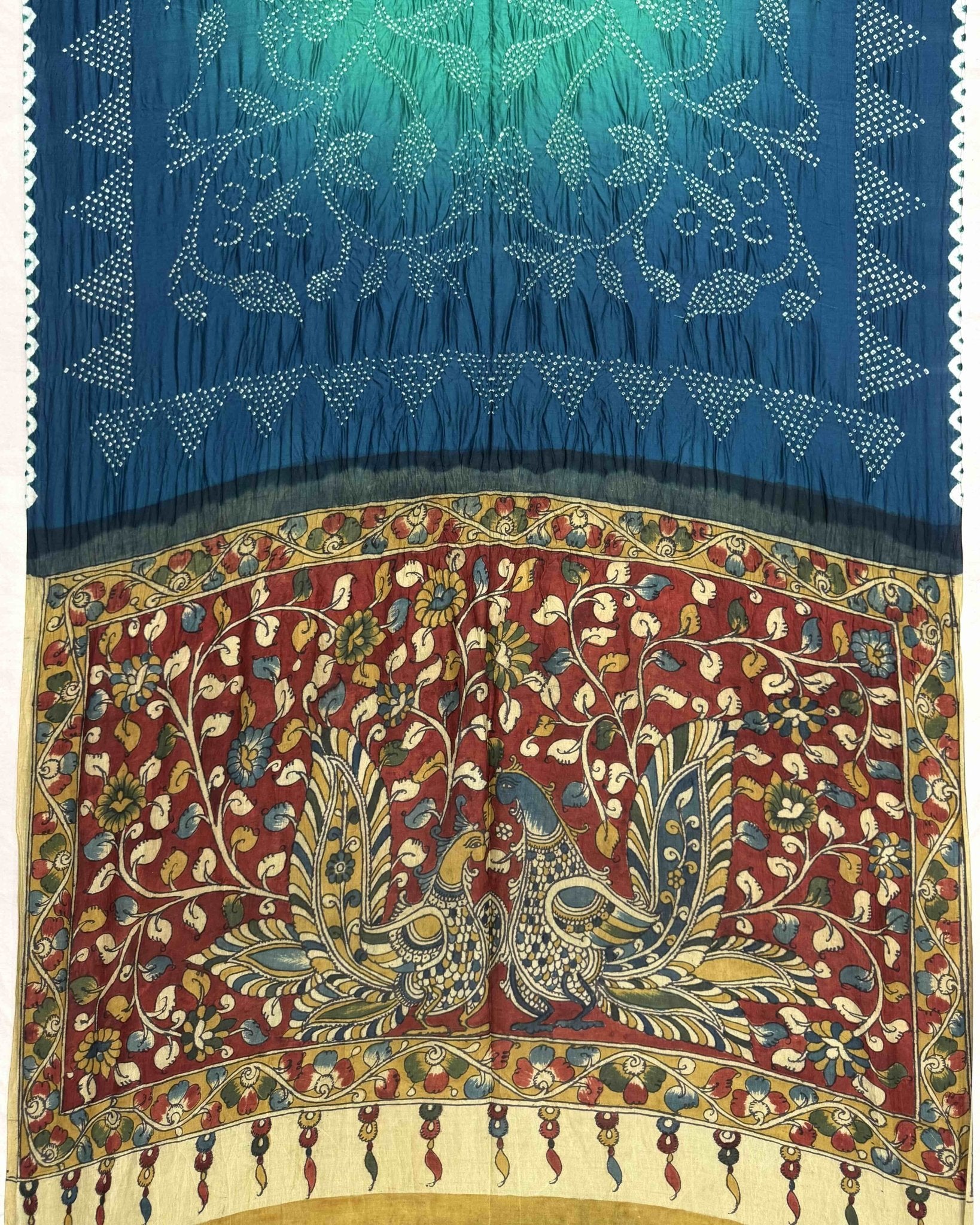 Blue & Sky Shaded Muga Silk Pen Kamalkari Bandhani Saree - SindhoiPatolaArt