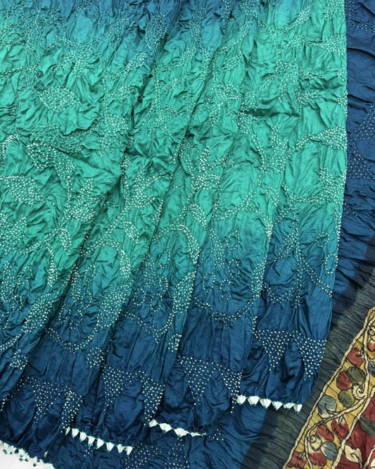 Blue & Sky Shaded Muga Silk Pen Kamalkari Bandhani Saree - SindhoiPatolaArt