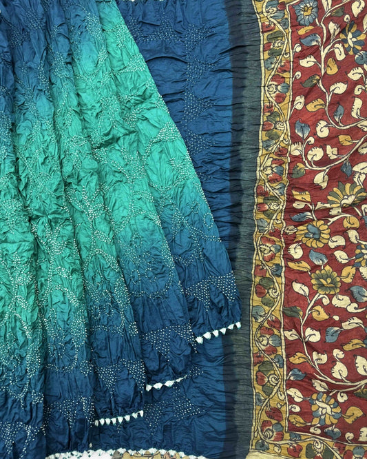 Blue & Sky Shaded Muga Silk Pen Kamalkari Bandhani Saree - SindhoiPatolaArt