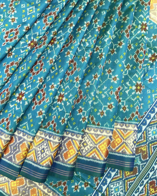 Blue & Sky Turquoise Shaded Navratan Patola Saree - SindhoiPatolaArt