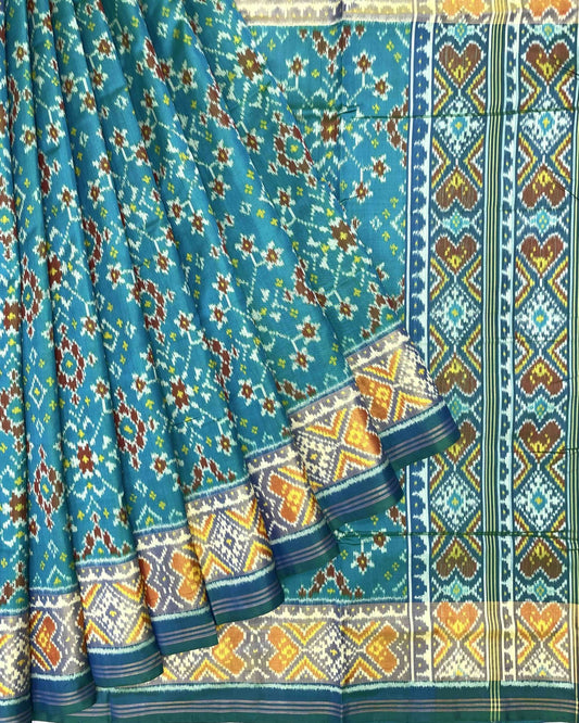 Blue & Sky Turquoise Shaded Navratan Patola Saree - SindhoiPatolaArt