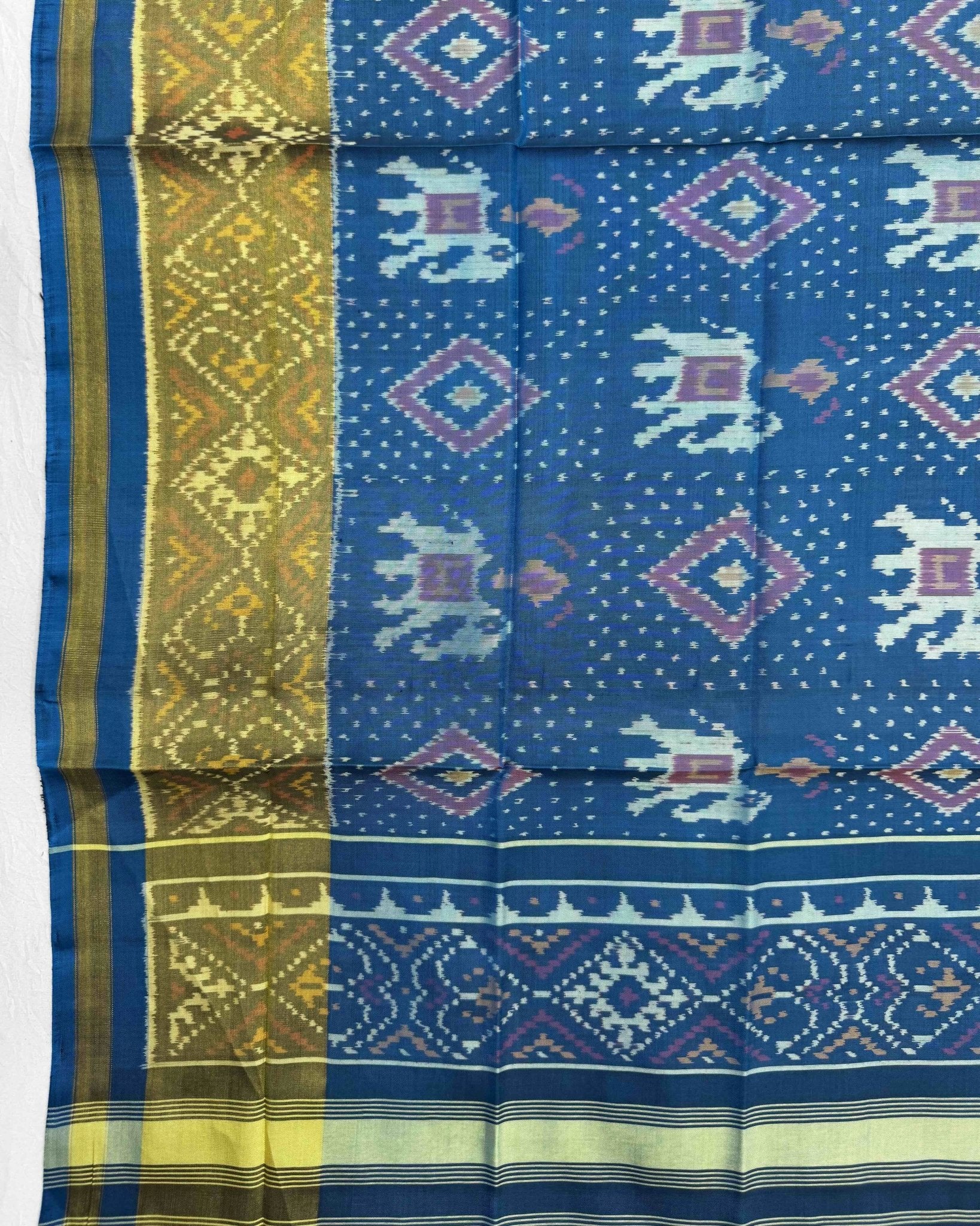 Blue Turquoise Elephant Panchanda Patola Dupatta - SindhoiPatolaArt