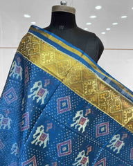Blue Turquoise Elephant Panchanda Patola Dupatta - SindhoiPatolaArt