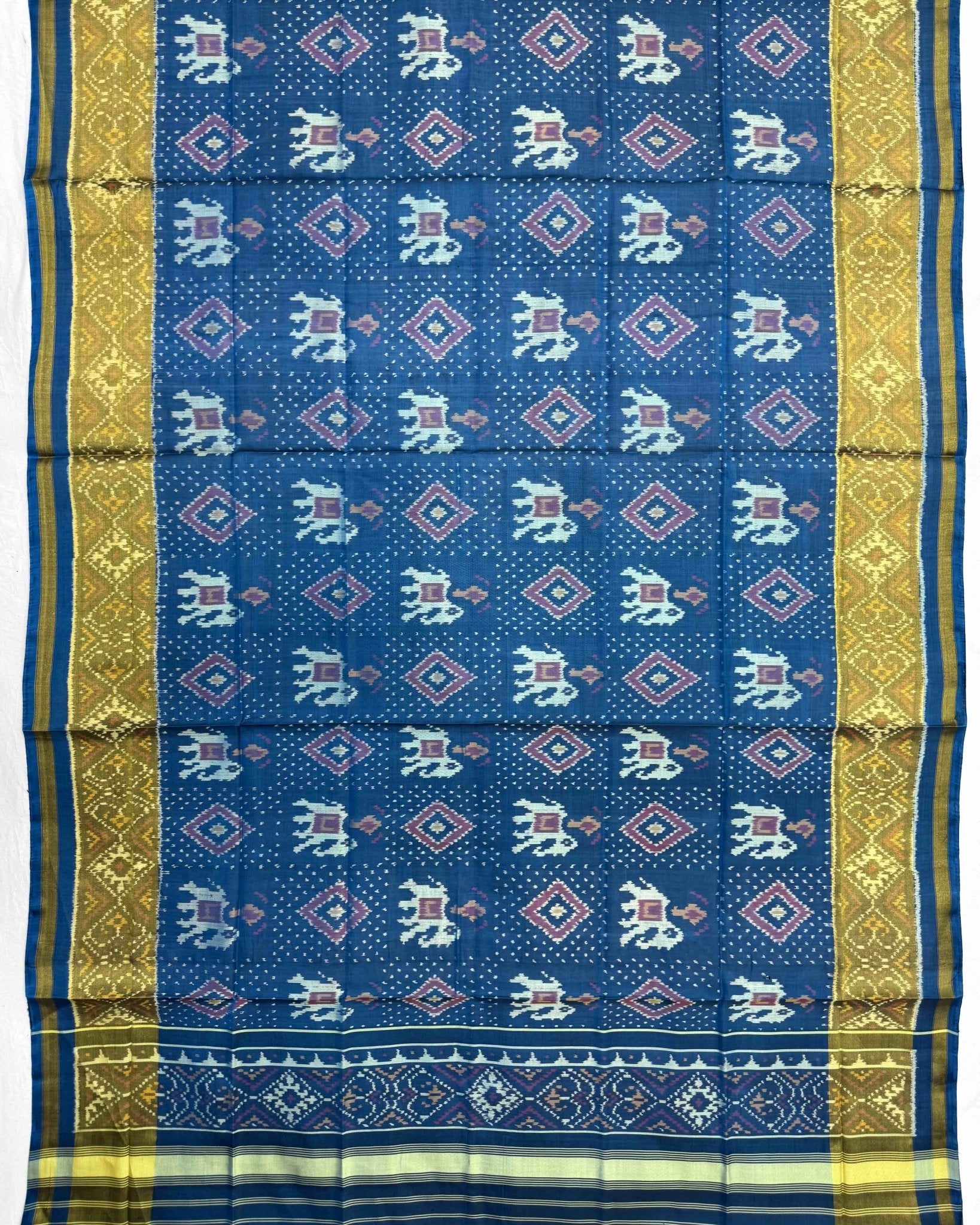 Blue Turquoise Elephant Panchanda Patola Dupatta - SindhoiPatolaArt