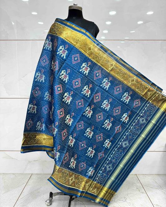 Blue Turquoise Elephant Panchanda Patola Dupatta - SindhoiPatolaArt