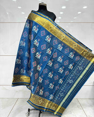 Blue Turquoise Elephant Panchanda Patola Dupatta - SindhoiPatolaArt