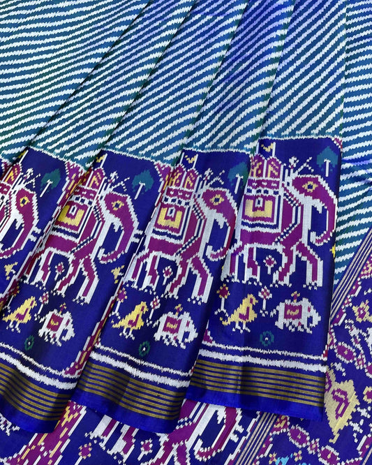 Blue & Turquoise Lining in White with Elephant Scut Border Patola Saree - SindhoiPatolaArt