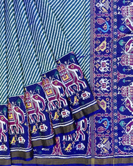 Blue & Turquoise Lining in White with Elephant Scut Border Patola Saree - SindhoiPatolaArt
