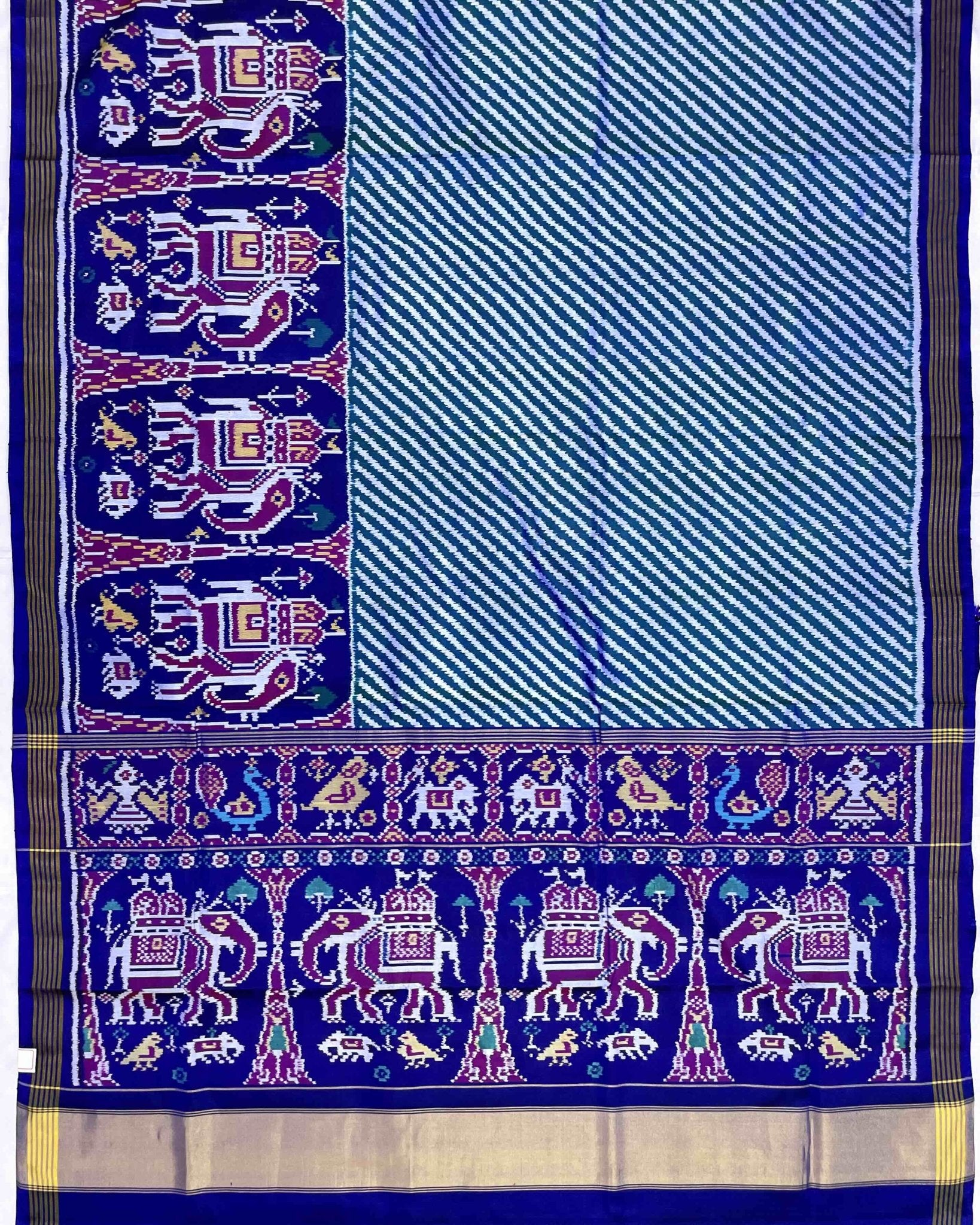 Blue & Turquoise Lining in White with Elephant Scut Border Patola Saree - SindhoiPatolaArt